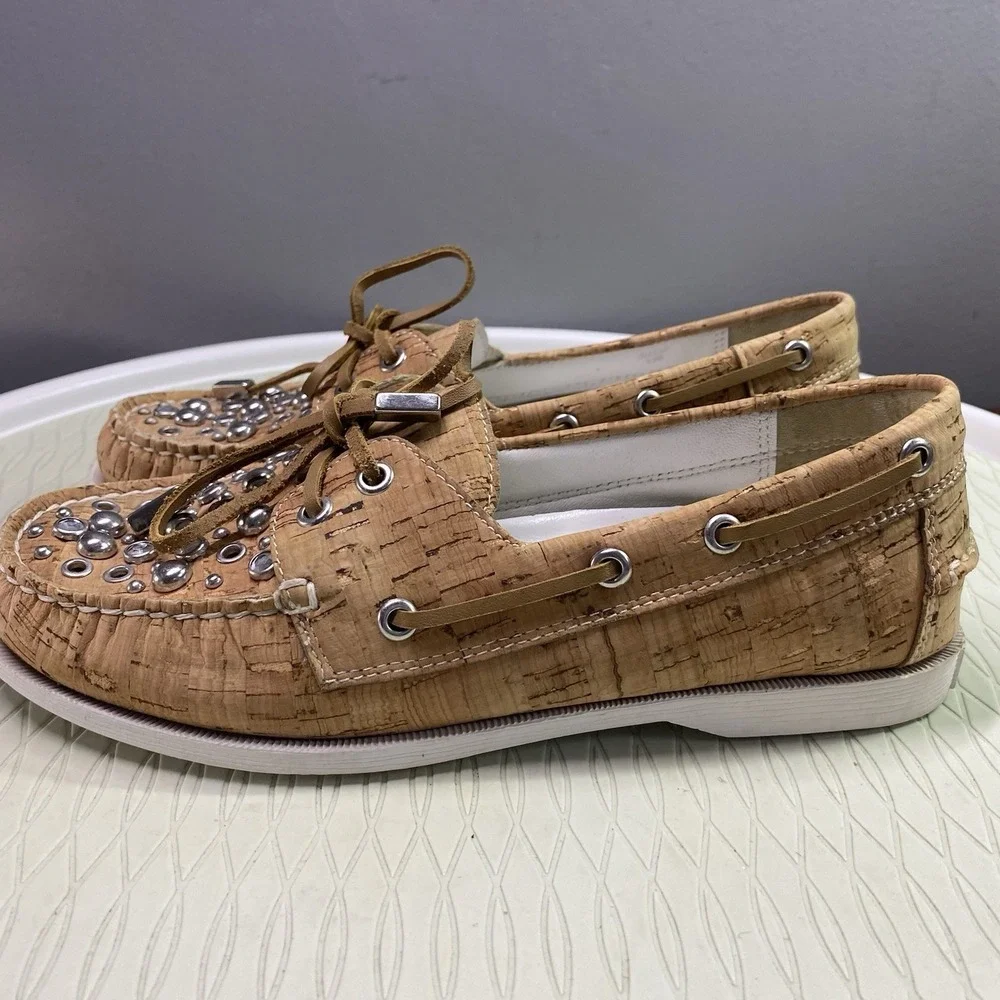 Donald J. Pliner Tan Cork Women's Boat Loafer Shoes with silver Buttons‎ Sz.5.5M